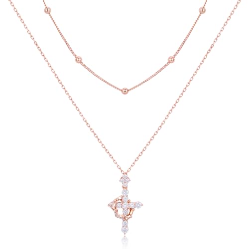 YIMERAIRE Upgraded Moissanite Crown Cross Necklace 14K Gold Vermeil 1.1 Carats Dainty Iced Out Easter Basket Stuffer Cross Jewelry S925 Sterling Silver Simple Gold Christian Faith Moissanite Cross Pendant Necklace For Women - color: Stackable-Rose Gold