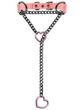 Black Leather Choker Collar For Women, Handmade Heart Slip Chain Choker Long Necklace with Adjustable Buckle - color: B-Pink-Black-Pink, size: 18''chain