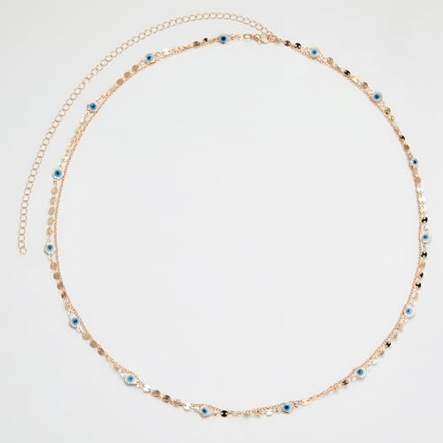 Belly Waist Chain Beads Pearl Coins Layered Belly Chains Boho Gold Plated Sexy Bikini Body Chain Adjustable Jewelry for Women - style: M-evil eyes