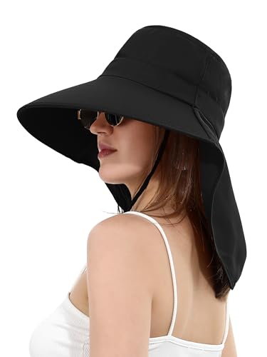 LA CARRIE Women Sun Hats Breathable Wide Brim UV Protection UPF 50+ with Neck Flap Hat for Summer Beach - color: Black