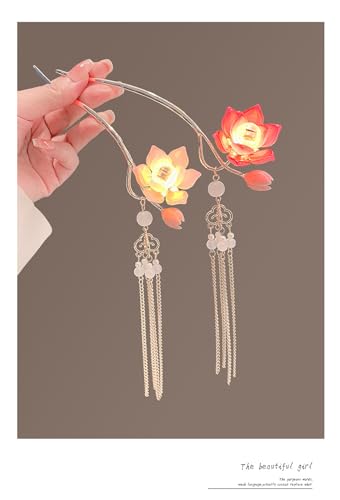 Lantern Light Tassel Hairpins Hair Stick Chinese Coiled Hair Antique Hair Pin Hair Accessories for Women Lotus-#02 - color: Lotus-#02