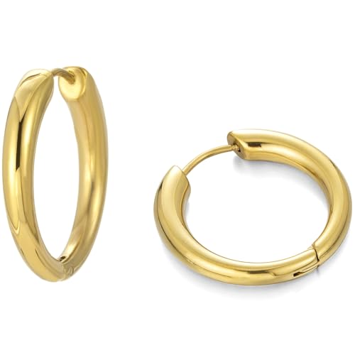 Stainless Steel Hoop Earrings for Women Gold Tone Geometric, Huggie Heart Twisted Minimalist Engraved Designs for Daily Wear - color: Gold_25mm