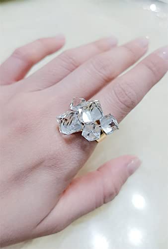 Hebelee Boho Square Crystal Statement Ring for Women Gold-Toned Adjustable Expandable Promise Engagement Geometric Rings Comfort Fit Elegant Art Deco Birthday Christmas Cocktail Party Y2K Jewelry - color: White