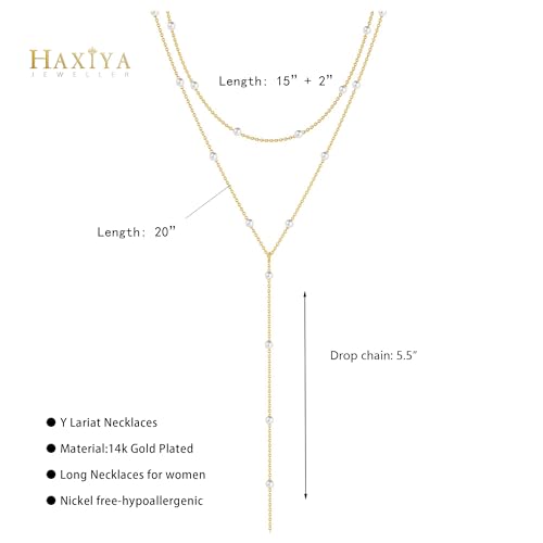 HAXIYA Lariat Gold Necklace for Women Dainty Long Necklace 14K Gold Plated/Silver Y-Shaped Pendant Drop Chain Layered Pearl/Beaded/CZ Necklaces Gold Jewelry Gift for Prom/Wedding - style: Pearl - Gold
