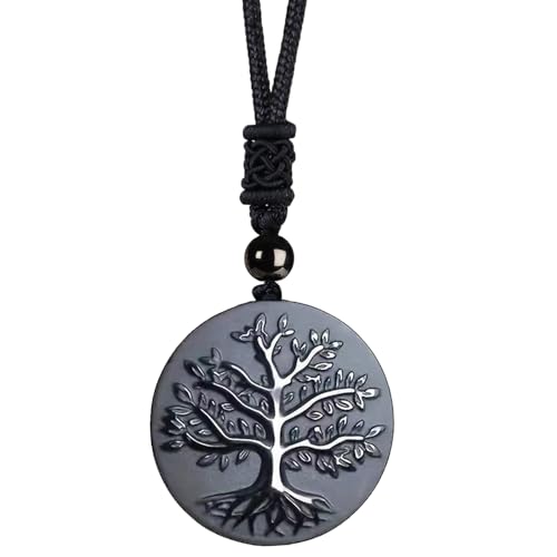 Obsidian Tree of Life Necklaces Orgonite Healing Crystal Stone Pendant Necklace for Spiritual Healing and Meditation Energy Talisman Sacred for Men Women - color: Black obsidian 1
