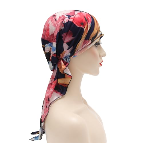 ZLYC Chemo Headwear Pre Tied Head Scarf Headwraps Lightweight Turban Beanie Cap for Women - color: Flower Black