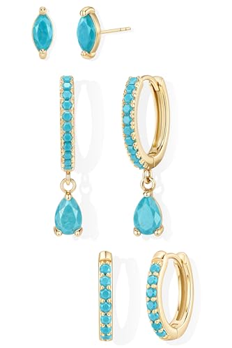 14K Gold Plated Small Huggie Hoop Earrings Set for Women, Hypoallergenic Dainty Sterling Silver Dangle Studs for Cartilage Helix, Lightweight Trendy Cute Stack Birthstone Jewelry Gift - color: Turquoise_Gold