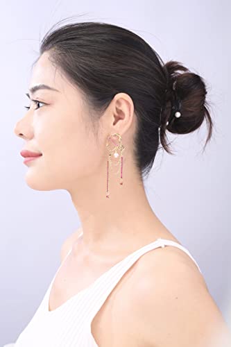 Unique Abstract Face Art | Dangle Statement Long Earrings for Women | Rhinestone Tassel Handmade Chandelier Earrings - color: Golden Red Diamond
