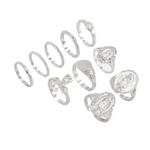 10Pcs Retro Gold Stackable Rings Sets for Women Trendy Vintage Cross Rings Pack Chunky Knuckle Finger Ring Minimalist Statement Jewelry - color: Silver
