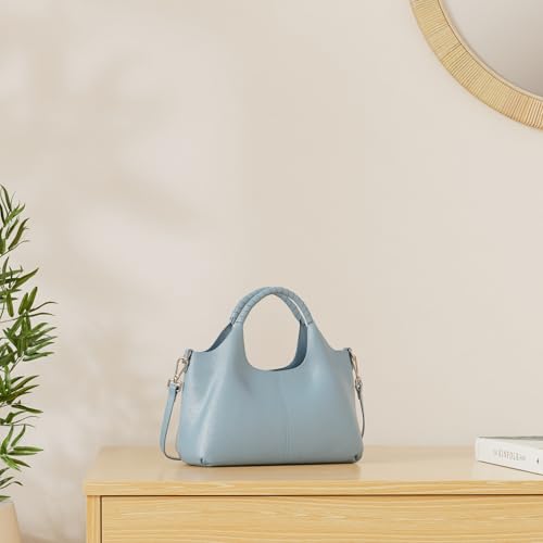 Iswee Genuine Leather Shoulder Bags Purses and Handbags for Women Satchel Designer Cross Body Hobo Medium Size Tote - color: Light Blue
