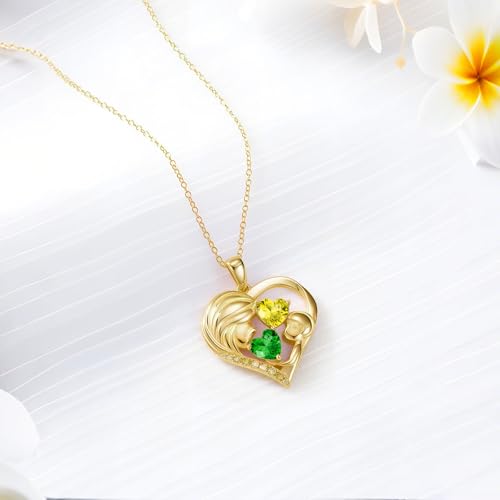 Mothers Day Gifts 14K Yellow Gold Mother Daughter Heart Pendant Necklace with 12 Months Birthstone Birthday Gifts for Mom Anniversarry Jewelry for Mom Wife Girlfriend - color: 05-11-May-Nov Birthstone