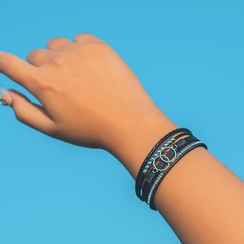 FANCY SHINY Boho Leather Wrap Bracelet Stackable Infinity Chunky Cuff Bracelets Western Hippie Outfits Jewelry Valentine Gifts for Women - color: Black