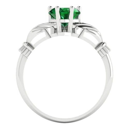 Clara Pucci Simulated Emerald Heart Cut Claddagh Ring | 14K Solid Gold | 1.05 cttw | Womens White Gold Fashion Jewelry