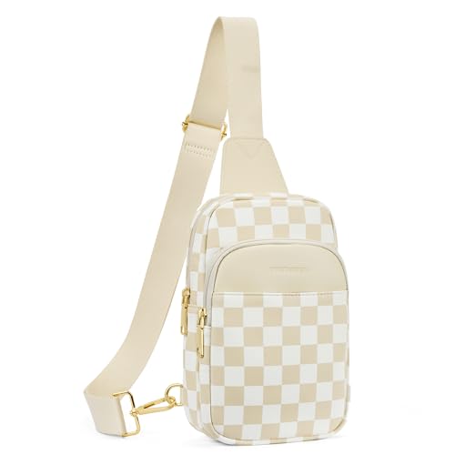 BOSTANTEN Sling Bag Quilted Crossbody Bags for Women Cross Body Purse Leather Fanny Pack with Adjustable Guitar Strap - color: A-checkered Beige