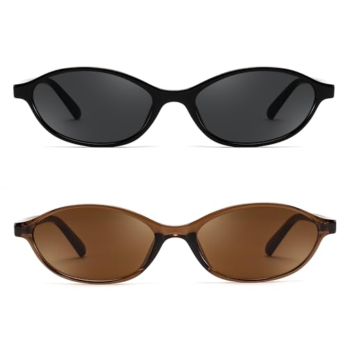FEISEDY Retro Oval Sunglasses for Women Cat Eye 90s Lightweight Narrow Shades Trendy Sun Glasses B4196 - color: 2 Pack Brown+black