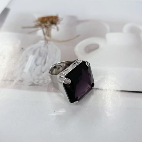 Square Large Rhinestone Exaggerated Statement Ring for Women Sparkling Thick Chunky Geometric Big Crystal Stone Finger Knuckle Band Rings Open Adjustable Wedding Brides Cocktail Prom Party Jewelry - color: Purple