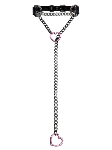 Black Leather Choker Collar For Women, Handmade Heart Slip Chain Choker Long Necklace with Adjustable Buckle - color: B-Black-Black-Pink, size: 24''chain