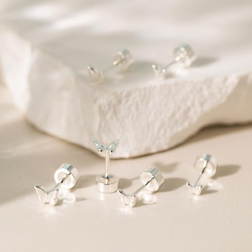 VRIUA 20G Tiny Flat Back Earrings for Women - 14K Gold/Silver Plated Small Flat Back Stud Earrings Hypoallergenic Cartilage Helix Piercing Jewelry - color: 4/5/6mm-Butterfly Flat Silver