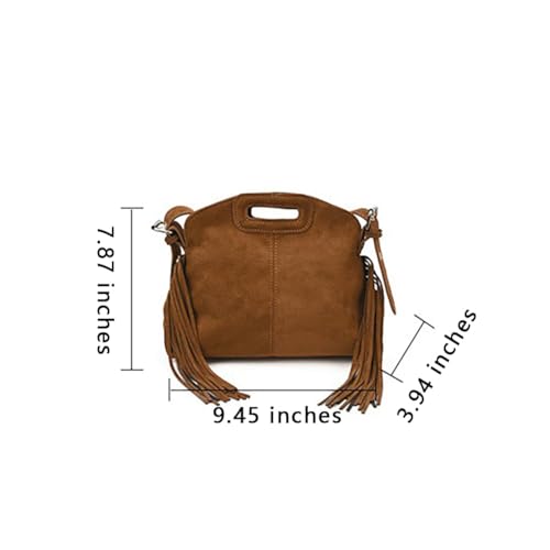 Women's Suede Fringe Crossbody Bag, Retro Hollow Handle Shoulder Purse, Novelty Fashion Tassels Bucket Bag Handbag - color: Brown