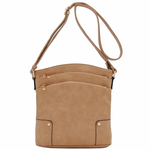 ALYSSA Triple Zip Pocket Large Crossbody Bag - color: Light Tan