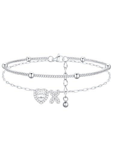 FindChic Silver/14K Gold Plated Layered CZ Initial Ankle Bracelet for Women | Waterproof Stainless Steel, Cubic Zirconia Letter Charm, Non-Tarnish, Hypoallergenic, Adjustable Extender, Summer Jewelry - color: Silver-CZ Heart, size: X