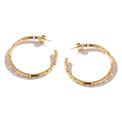 Hoop Earrings – 63.5mm Diameter, Gold Plated Brass with Matte Finish & Signature Hole Pattern, Lightweight Statement Hoops with Secure Friction Disc Backs - color: Gold, size: Small