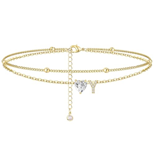 Ankle Bracelets for Women Waterproof 14K Gold Plated CZ Initial Anklet for Women Dainty Layered Letter Heart Ankle Bracelets Handmade Adjustable Foot Chain Anklet Summer Beach Jewelry - color: gold Y