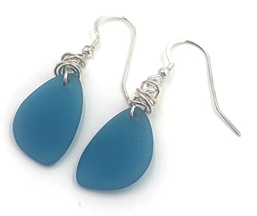 Popular Recycled Sea Glass Earrings on Sterling Silver Hooks - color: Ocean Blue