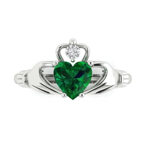 Clara Pucci Simulated Emerald Heart Cut Claddagh Ring | 14K Solid Gold | 1.05 cttw | Womens White Gold Fashion Jewelry