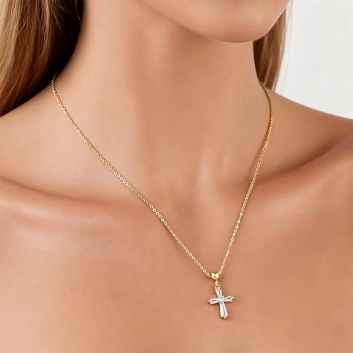 14K Gold Plated Cross Pendant Necklaces for Women Trendy, Dainty Choker CZ Cross Necklace Non Tarnish,Simple Tiny Cross Necklace for Jewelry Gifts - style: T-Crystal Gold