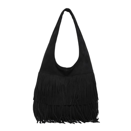 CORIOS Women Suede Handbag Vintage Fringe Hobo Bag Shoulder Bag with Tassel Hippie Western Purse Large Tote Bag - color: Black