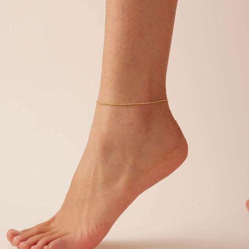 Dainty Ankle Bracelets for Women 18K Gold Plated Satellite Beaded Herringbone Lip Chain Anklets Simple Minimalist Summer Beach Foot Jewelry Christmas Gifts - color: Ball Chain-Gold