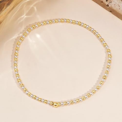 14K Gold Beaded Ball Stackable Bracelets for Women,Bohemian Stretch Colorful Seed Beads Bracelet Stack Fashion Holiday Jewelry Gift Friendship - color: Gold