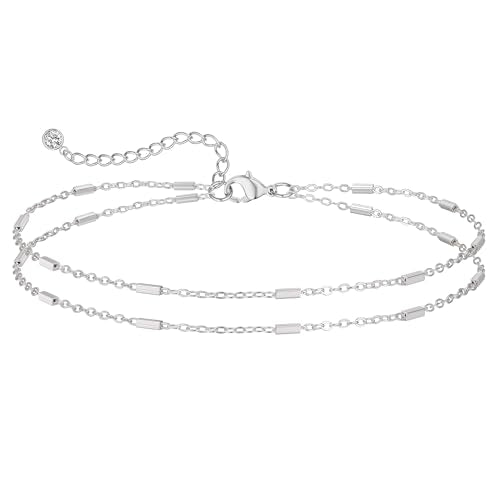 MIDEEO Gold/Silver Ankle Bracelets for Women,14K Gold Anklets for Women Waterproof Cuban Link Heart Beads Herringbone Rhinestone Anklets Set Layered Anklet Bracelets for Women Gold Jewelry Gift - style: 2 Layers Anklet D-SL