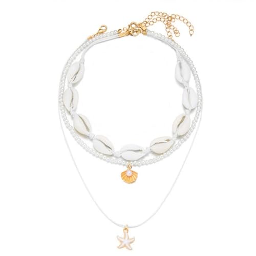 Shell Beach Choker Necklace Set for Women Boho Layered Beaded Adjustable Starfish Conch Shell Nacklace Imitaion Pearl Rice Beads Necklace Summer Ocean Vacation Jewelry - color: White