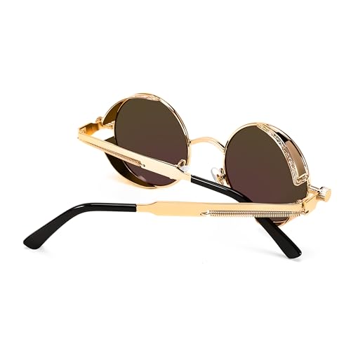 FEISEDY Retro Gothic Steampunk Sunglasses Round Metal Frame Punk Circle Inspired Shade Men B1857 - color: Gold/Green Mirror