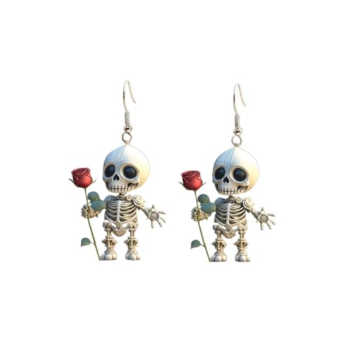 Halloween Skeleton Earrings for Women – Cute Spooky Skull Dangle Earrings with Red Rose, Gothic Creepy Cute Acrylic Statement Jewelry - color: Romantic Skeleton Rose