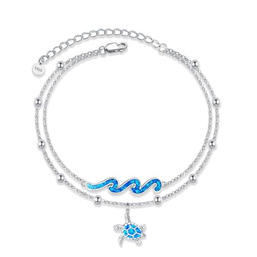 YFN Wave Anklet 925 Sterling Silver Ocean Wave Layered Ankle Bracelet Wave Beach Jewelry for Women Gifts - style: Wave Turtle Anklet