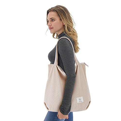 KALIDI Women Corduroy Tote Bag Zipper Casual Tote's Handbag Big Capacity Shoulder Bag with Pockets - color: 1 Black 1 White