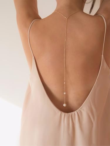 Silver Gold Back Necklace Back Jewelry for Backless Dress Pearl Backdrop Necklace Long Body Chain for Backless Dress Sexy Dainty Elegant Body Chain Jewelry Women Prom Party Anniversary - style: A2- 3 pearl - gold