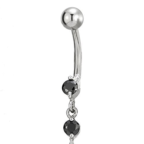 COOLSTEELANDBEYOND Belly Chain Belly Button Ring Body Jewelry Piercing Navel Ring with Long Dangle Cubic Zirconia - color: C-Metal Color:Silver; Stone Color:Black