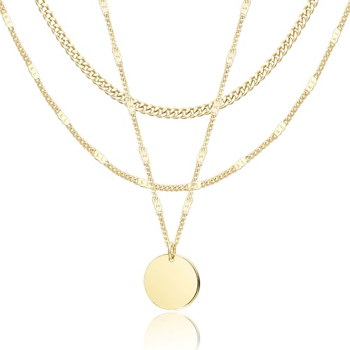 WomenGifts Layered Gold Necklaces for Women, 14K Gold Sterling Silver Plated Dainty Pendant Necklace Set Non Tarnish, Chunky Stackable Cuban Chain Choker, Trendy Birthstone Vacation Jewelry Gift - color: Gold, style: Mirror Coin