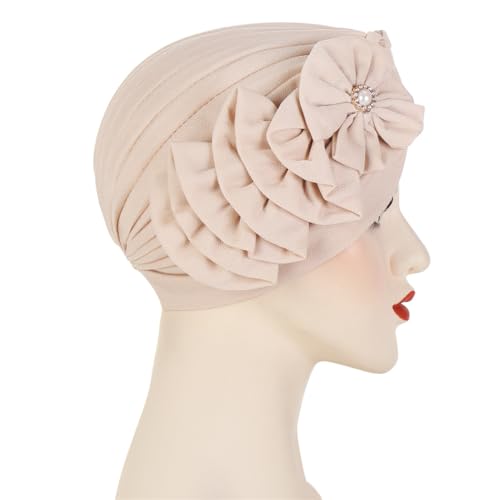 Flower Turban Hats for Women - Ruffle Bead Stretch Solid Caps Chemo Cancer Pre Tied Headscarf Headwear - color: Beige