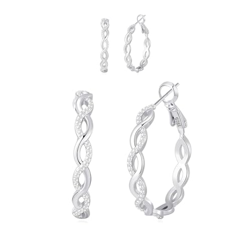 Senteria 925 Sterling Silver Post Hoops Earrings for Women Lightweight Twisted Hoop Earrings With Cubic Zirconia Hypoallergenic Silver Hoops Earrings (20/30/40/50/60MM) - color: silver-20/60mm