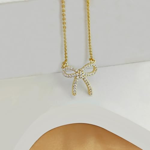 OGD Gold Necklace for Women, Bow Necklace 14K Layered Gold Necklace Dainty Bow Pendant Choker Necklace Trendy Bow Necklace Gold Chain Necklaces for Women Jewelry Gift - color: Cubic Zirconia Bow-Gold