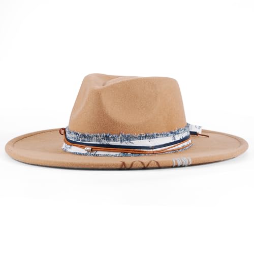 Womens Boho Fedora Hat Wide Brim Fedora Mens Handmade Flat Brim Hats - color: Khaik