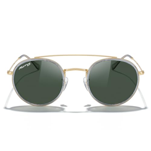MERRY'S Retro Round Polarized Sunglasses - Unisex Double Bridge Sun Glasses - color: Tra Gray Frame/Gold Bridge/G15 Lens