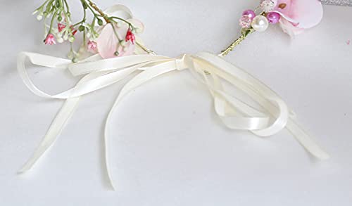 Vivivalue Boho Flower Crown Adjustable Flower Headband Hair Wreath Floral Headpiece Halo with Ribbon Wedding Party Festival Photos Pink - color: 2