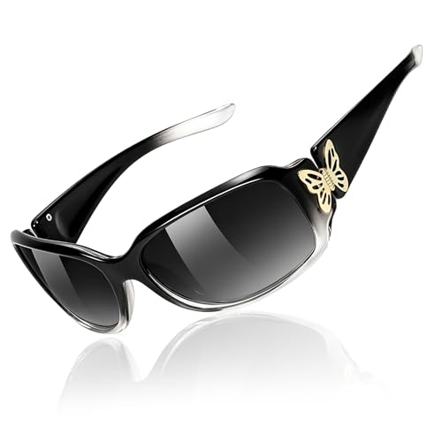 TJUTR Polarized Sunglasses for Women with Wrap Around Butterfly Design, Trendy Jackie-O Style for UV400 Protection - color: A72 Gradient Black Frame Grey Lenses