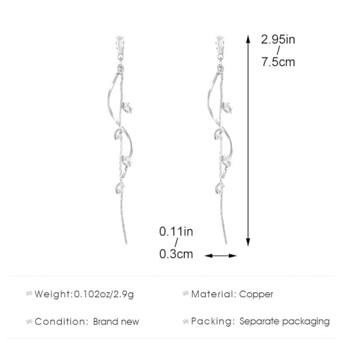 Temperament Long Zircon Tassel Earrings for Women Charm Jewelry Sparkling Crystal Leaves Twist Dangle Earrings for Friends - color: Silver